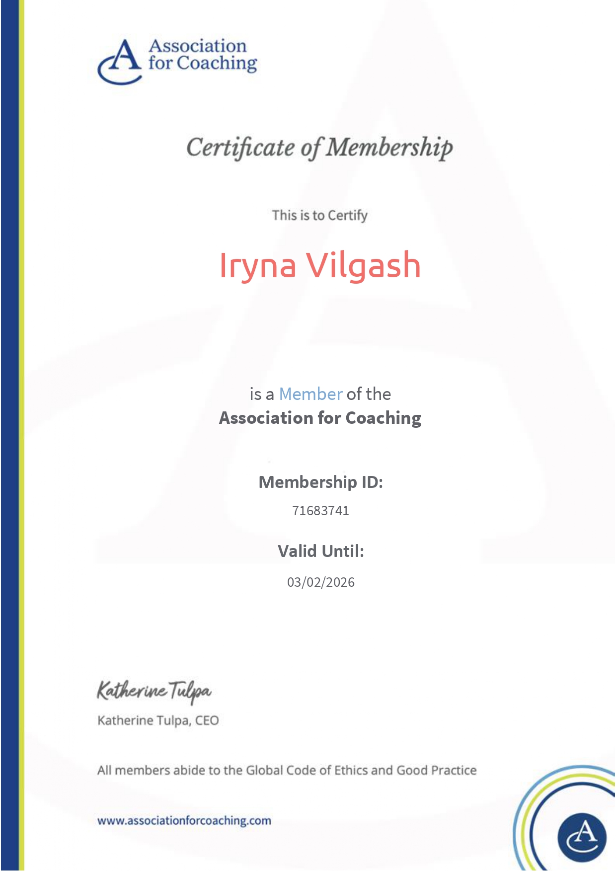 Renewed membership at Association for Coaching: 2025-2026